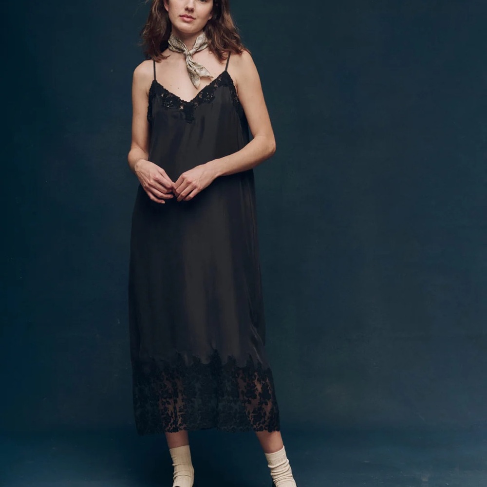 THE GREAT Black Chemise with Lace Trim and V-Neckline
